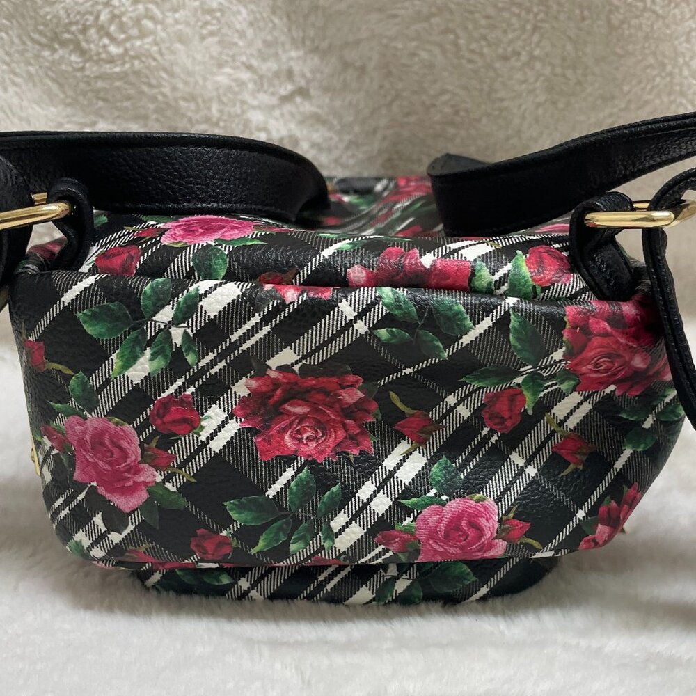 Betsy Johnson Blk/Wht Plaid w/Red Roses Dog Face Mini Backpack w/Card Case - Picture 7 of 13